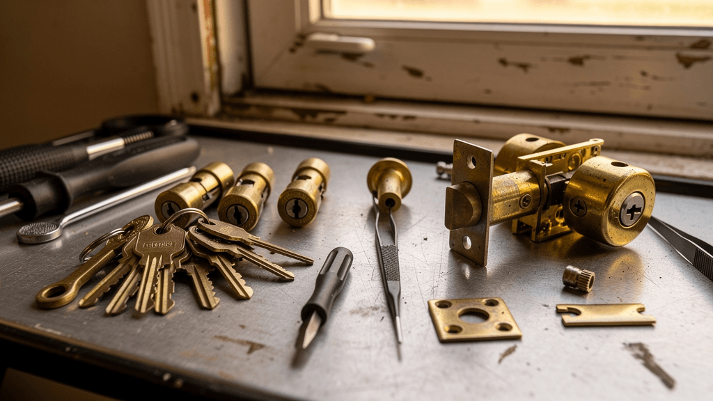 Locksmith hand tools arranged beside a residential door lock
