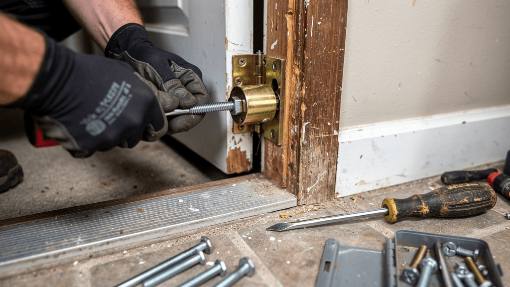 Door lock hardware and locksmith tools prepared for a replacement