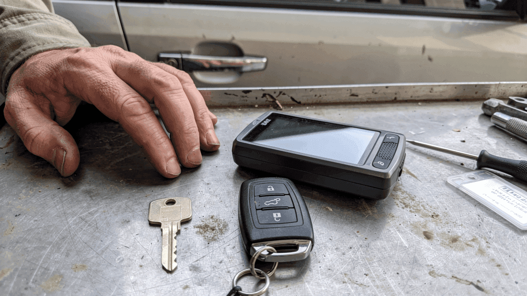 Unbranded vehicle keys and a programming device on a locksmith workbench