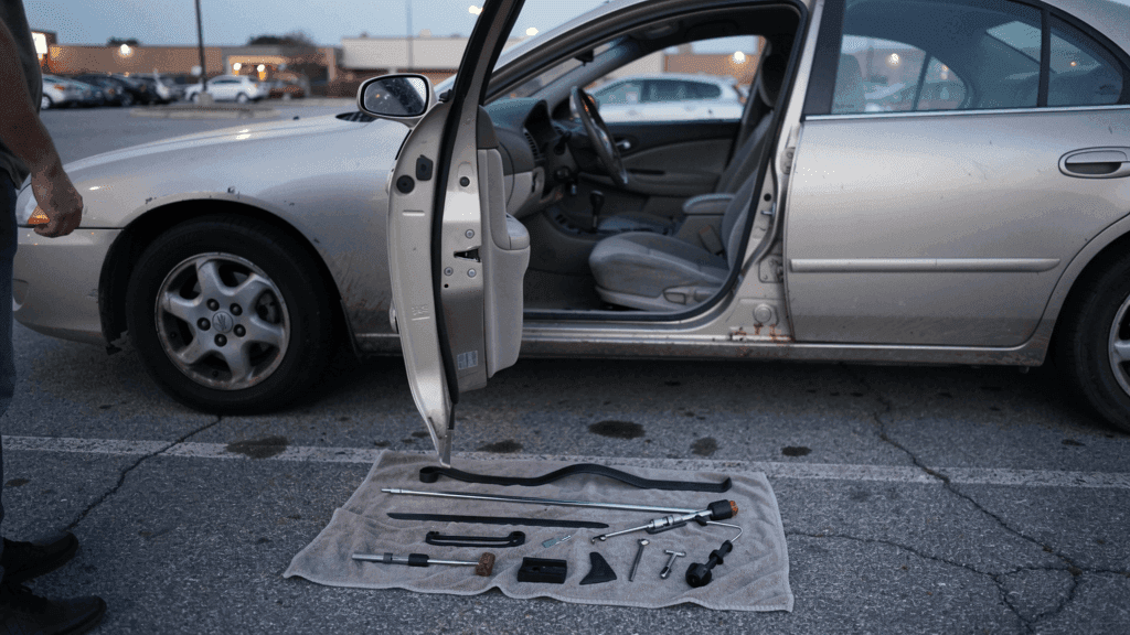 Vehicle door and professional entry tools during a mobile lockout