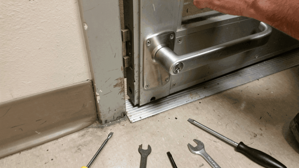 Commercial storefront door hardware being inspected for a locksmith quote