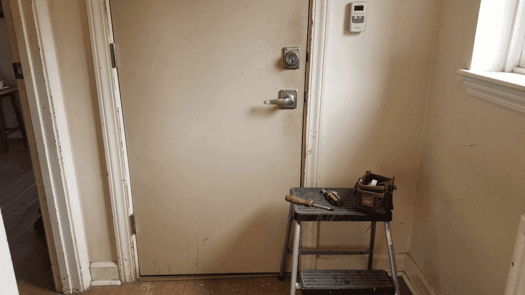 Lever handle and high-visibility lock hardware in a calm home hallway