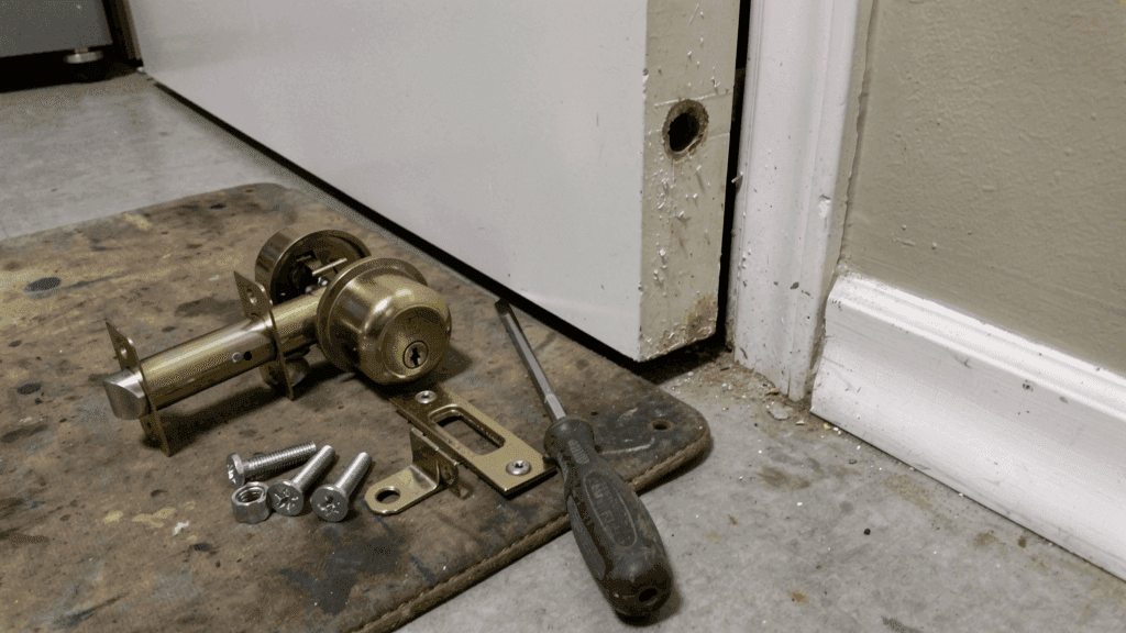 New deadbolt hardware and tools ready for door lock installation