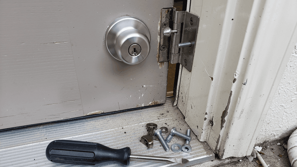 Residential deadbolt and reinforced strike plate on a front door