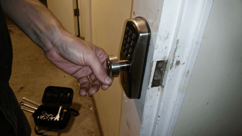 Hand entering a code on an electronic residential door lock