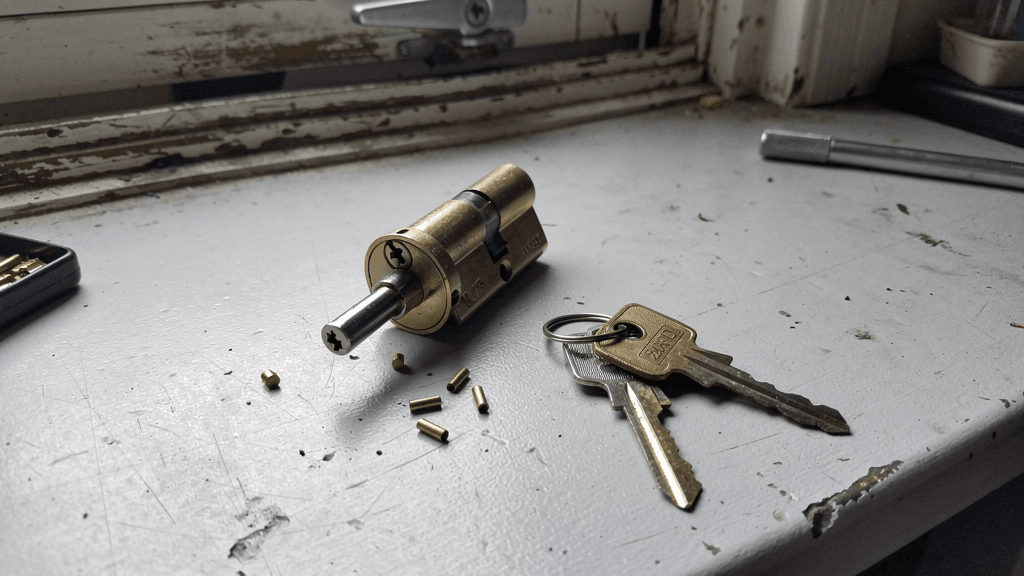 Residential lock cylinder, pins, keys, and tools on a rekeying workbench