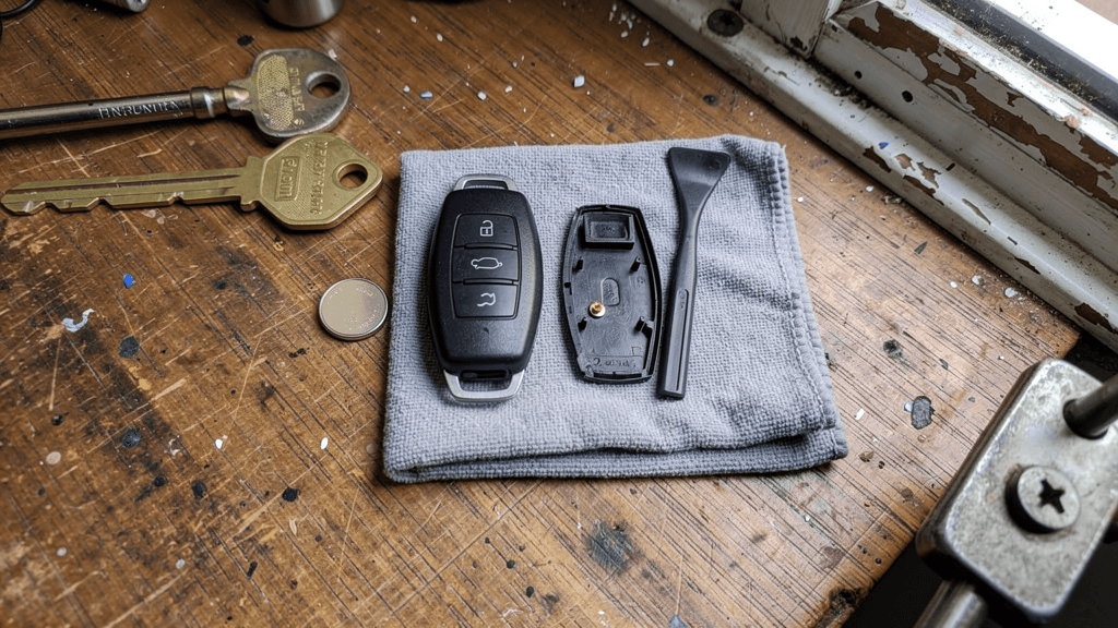 Open car key fob with a replacement coin-cell battery