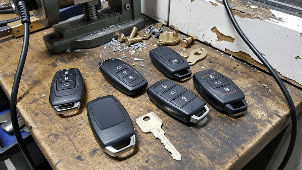 Unbranded remote key fobs and a programming cable on a locksmith workbench