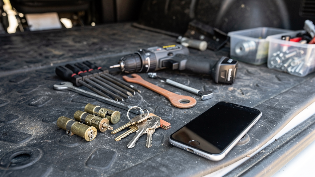 Used locksmith tools and lock cylinders prepared for a service call