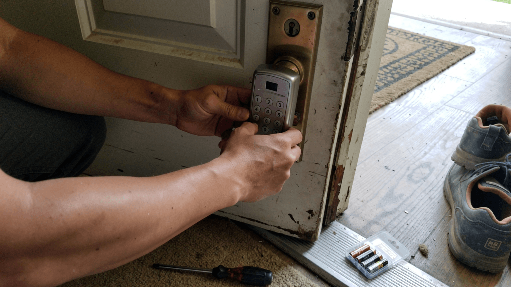 Smart keypad deadbolt installed on a residential front door