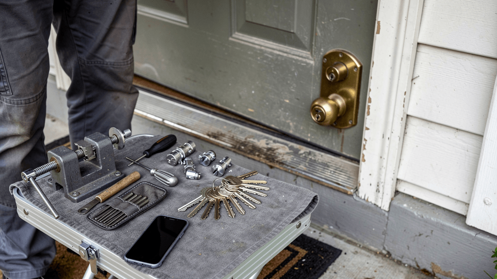 Mobile locksmith taking a service call beside organized lock tools