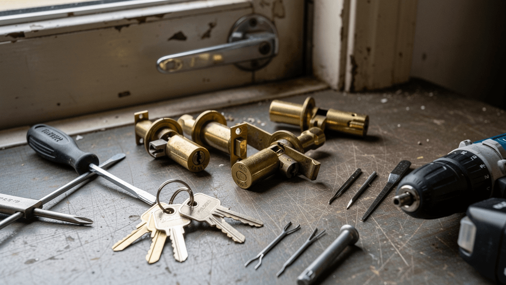 Close-up of locksmith tools and replacement lock cylinders