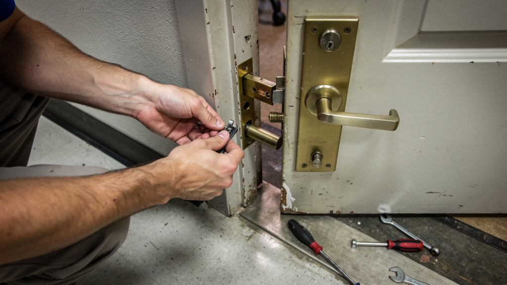Locksmith servicing reinforced lock hardware on a commercial metal door