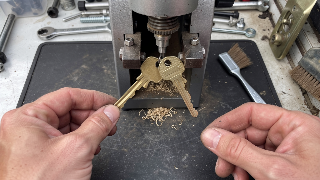 Locksmith comparing house keys at a mechanical key-cutting workbench