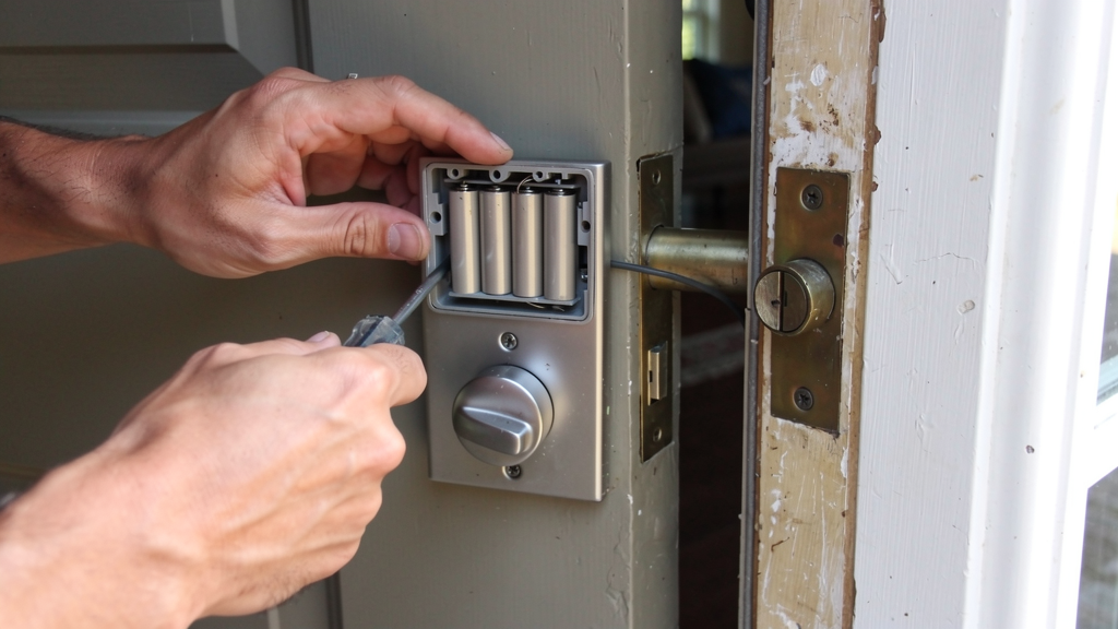 Locksmith installing the battery-powered interior of a residential smart deadbolt